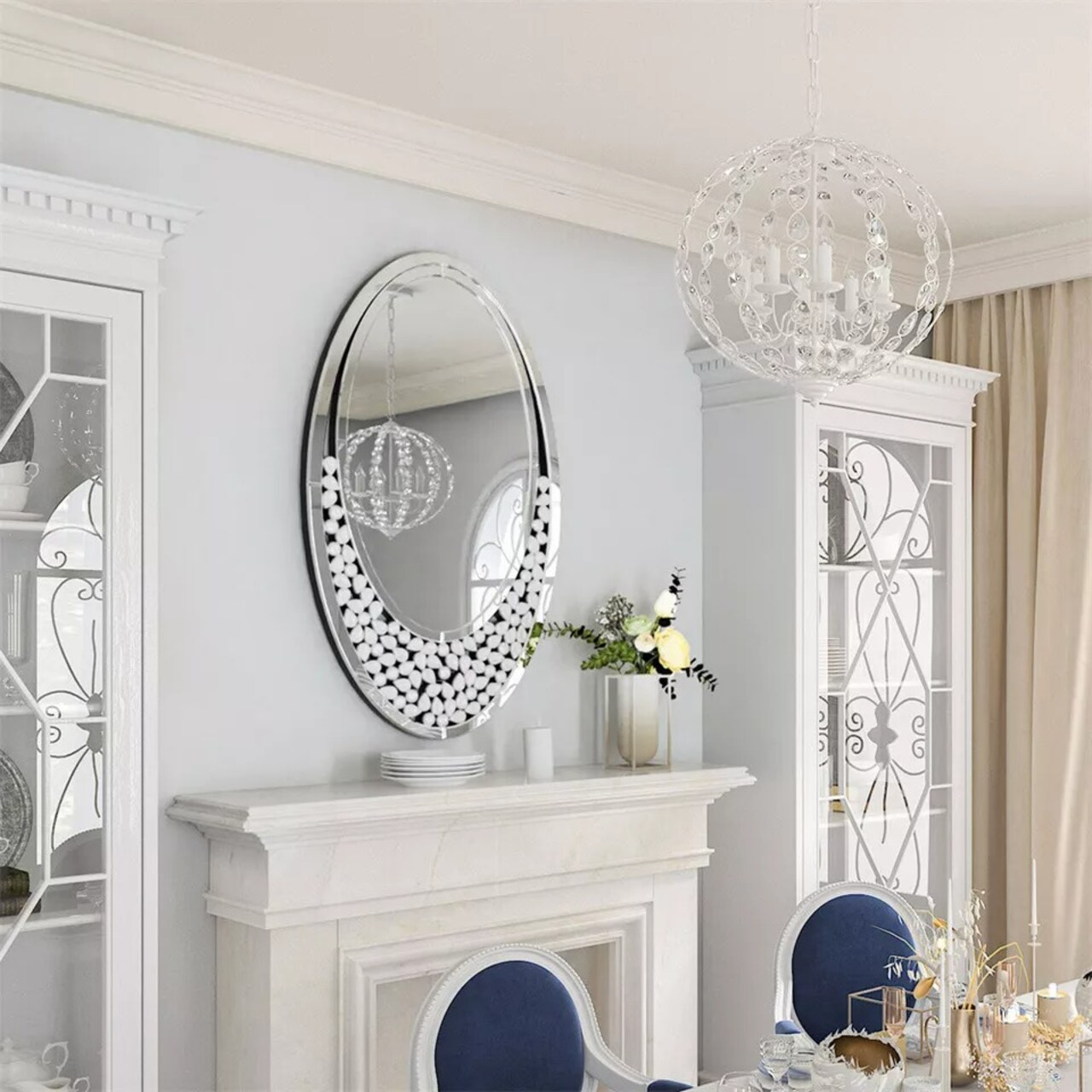 Modern Sparkle bling Wall Mirrors tear-drop Decorative Silver Accent Mirror Oval